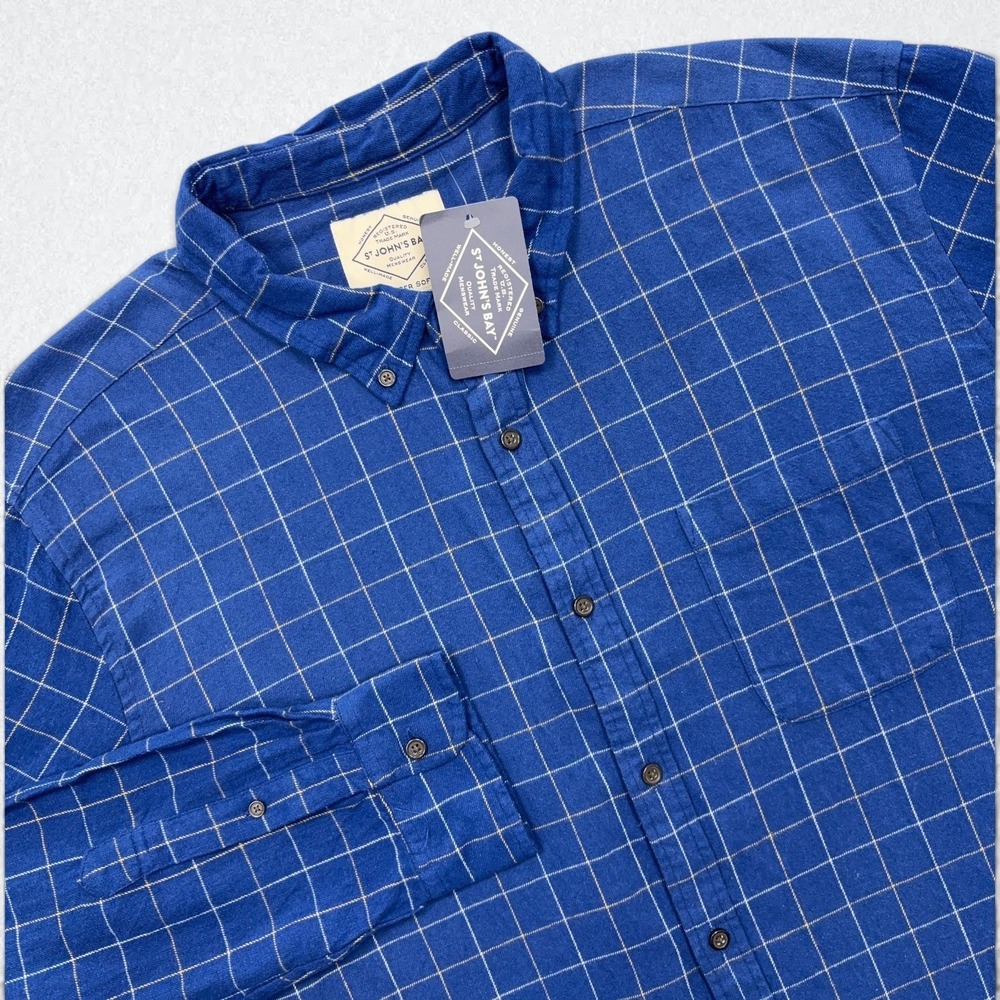 St. John's Bay Flannel Shirt Mens XXL Blue Windowpane Plaid Button Down NWT